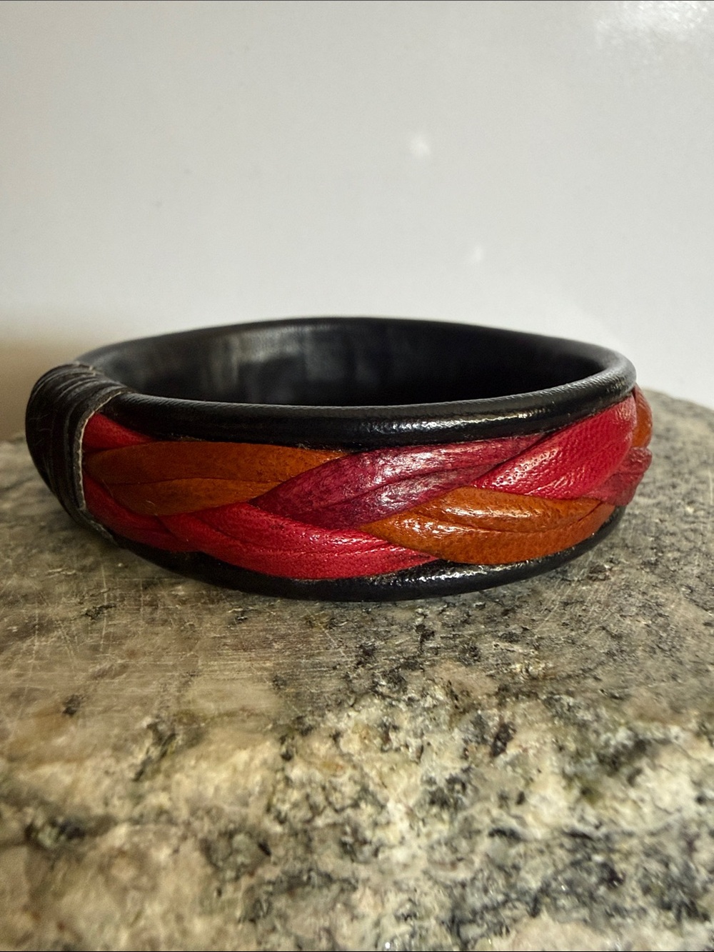 Handmade Braided Leather Bangle Bracelet - Black with Red & Brown Accents